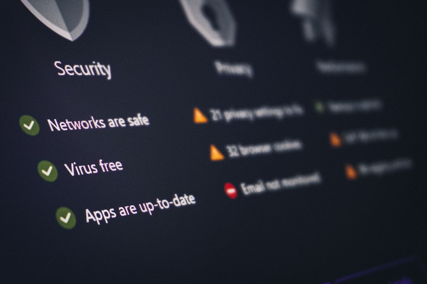 Ekran komputera wyświetlający pulpit stanu bezpieczeństwa cybernetycznego i prywatności.